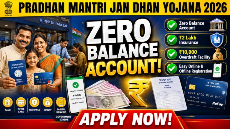 Pradhan Mantri Jan Dhan Yojana 2026 – Zero Balance Account, ₹2 Lakh Insurance, Overdraft, DBT benefits complete guide