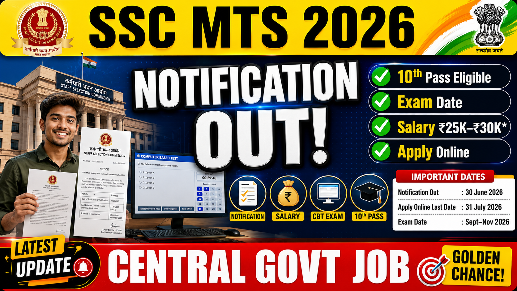 SSC MTS 2026 notification exam date salary eligibility apply online 10th pass government job